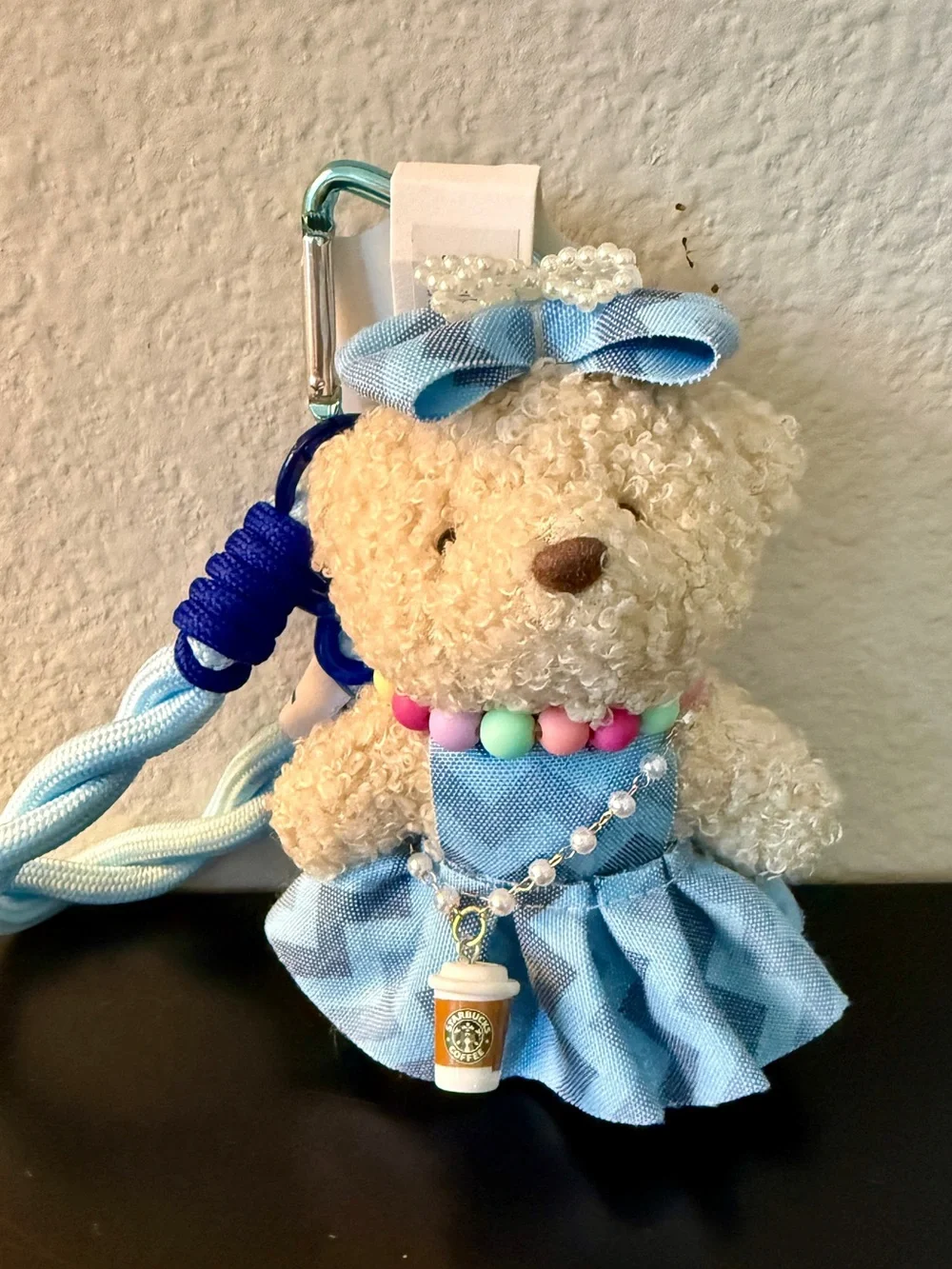 NWT Kawaii Sherpa Teddy Bear Chevron Blue Dress Coffee Plush Bag Charm/Keychain
